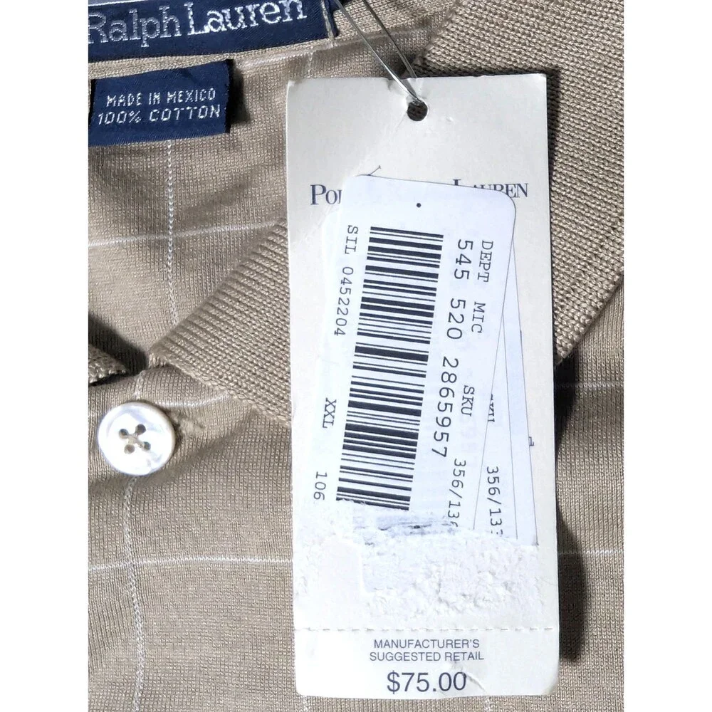 VTG Polo Ralph Lauren Windowpane Polo Shirt Men's XXL Tan Grid Plaid NWT NOS